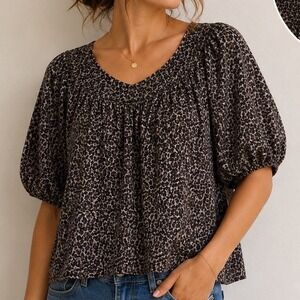 LOFT Leopard Print Blouse Small Puff Sleeve Rayon Blend Animal Print Peasant Top